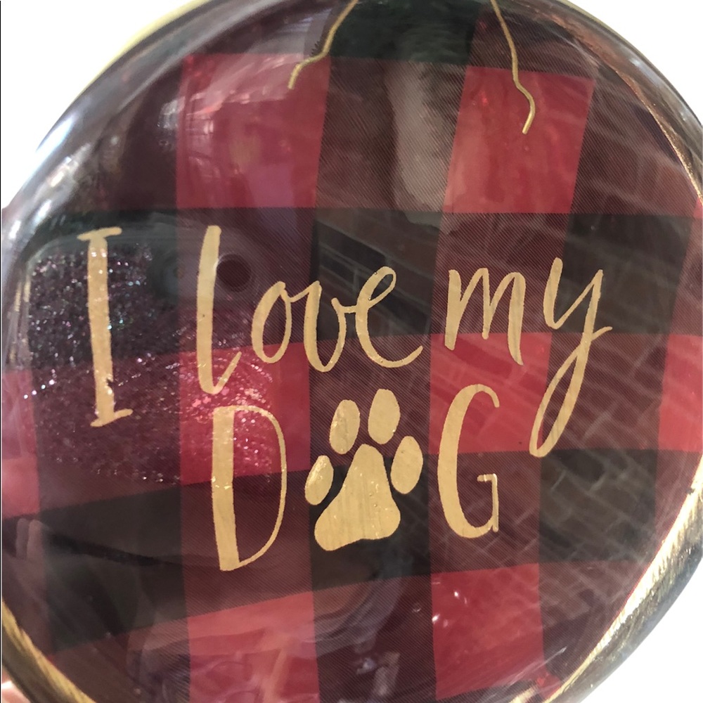 I‎ Love My Dog Red & Black Plaid Hand Blown Glass Ornament NWT